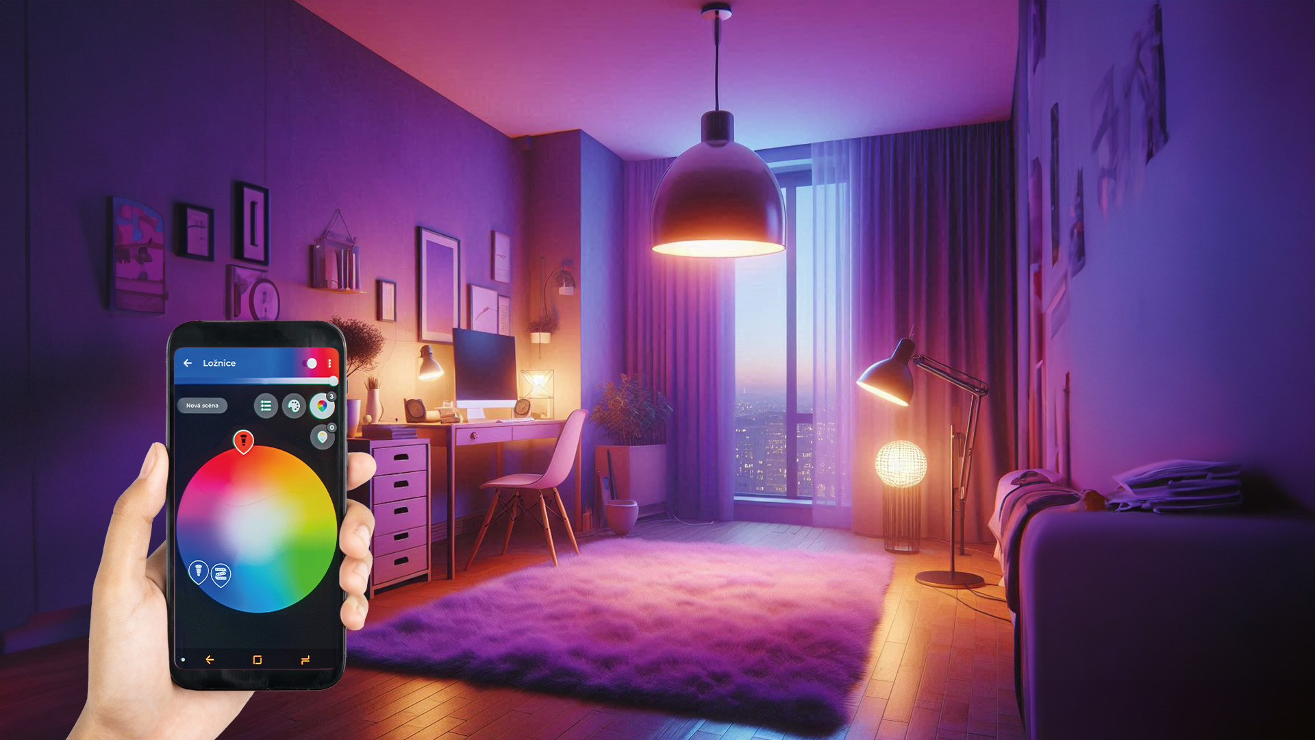 Chytrá ložnice s barevným LED osvětlením ovládaným mobilem