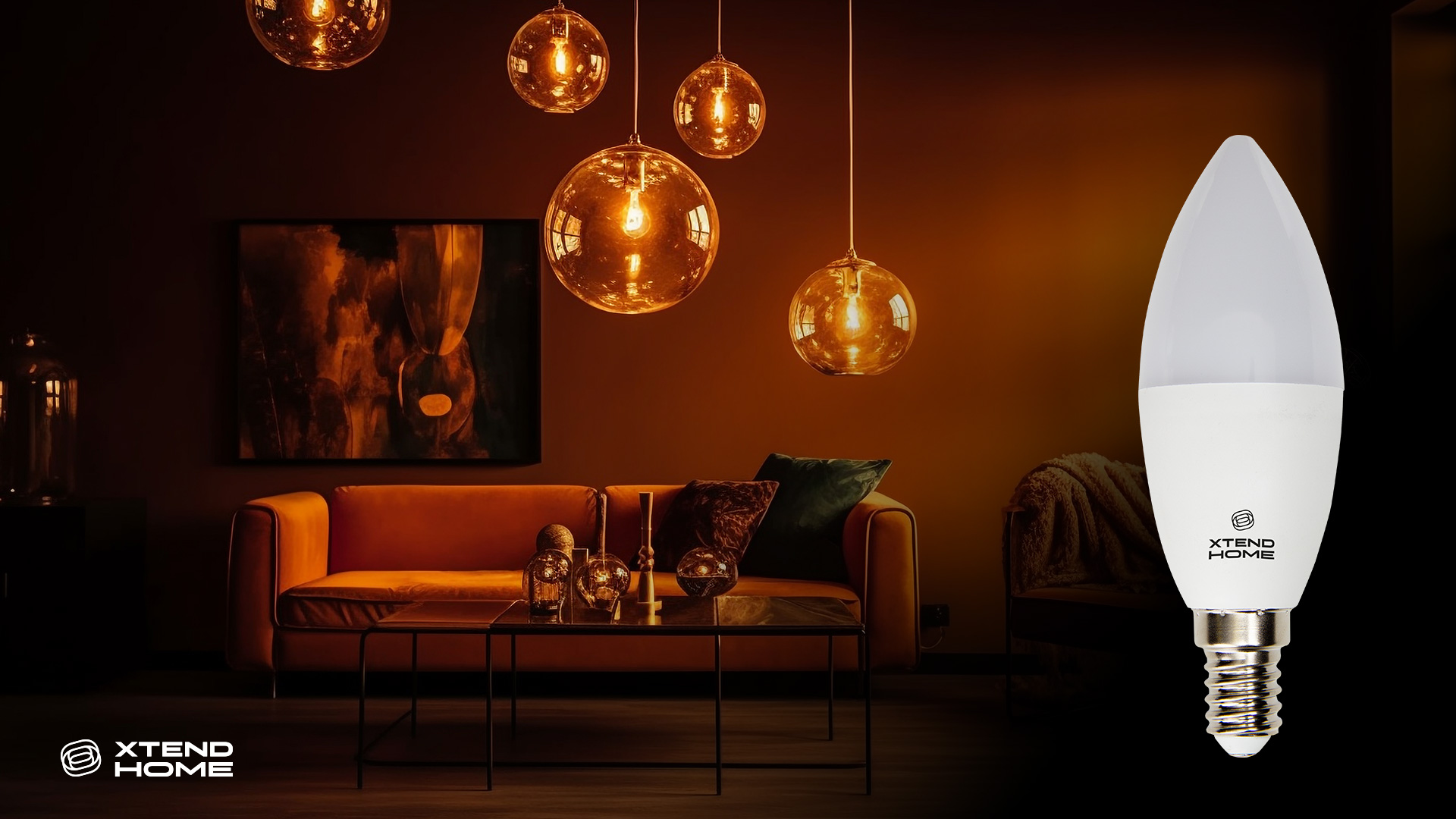 Útulný obývací pokoj s chytrou žárovkou Xtend Home